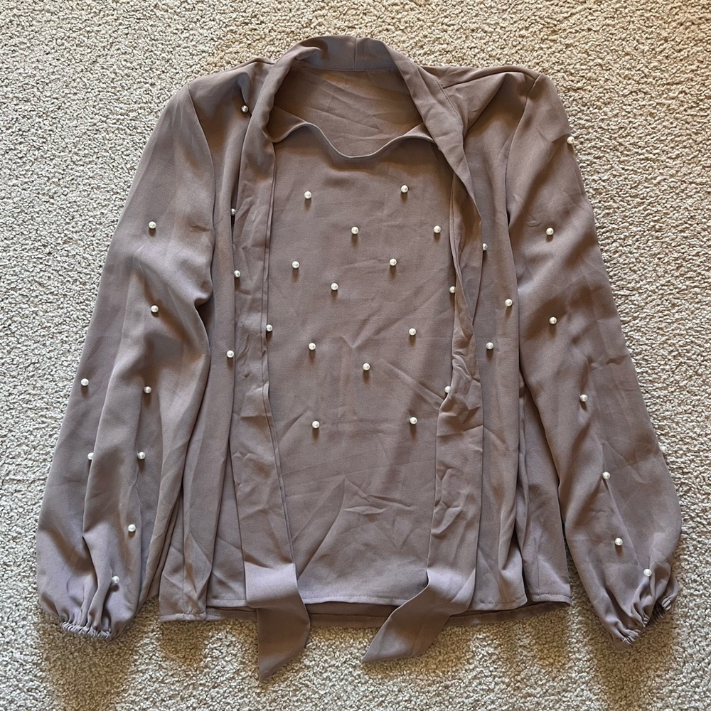 Women’s Taupe Pearl-Embellished Blouse